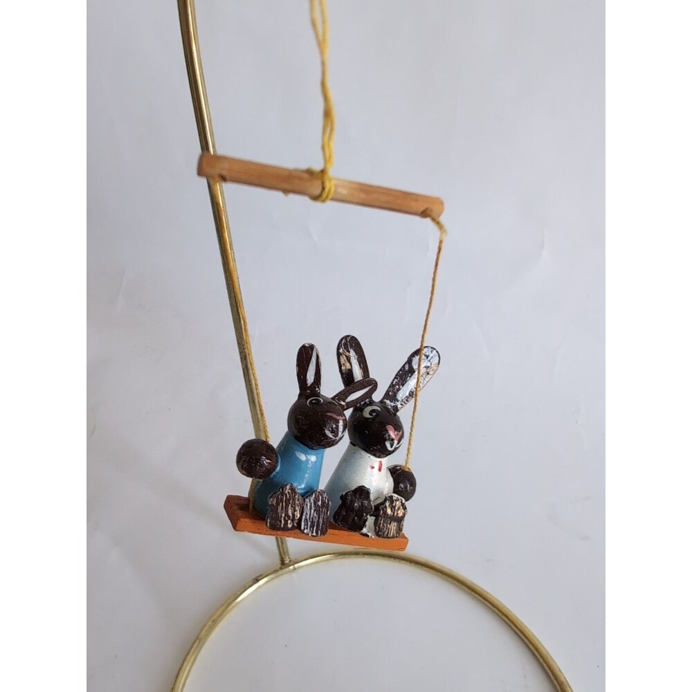 Vintage Erzgebirge Wood Rabbits on Swing Ornament Figurine Easter Tree